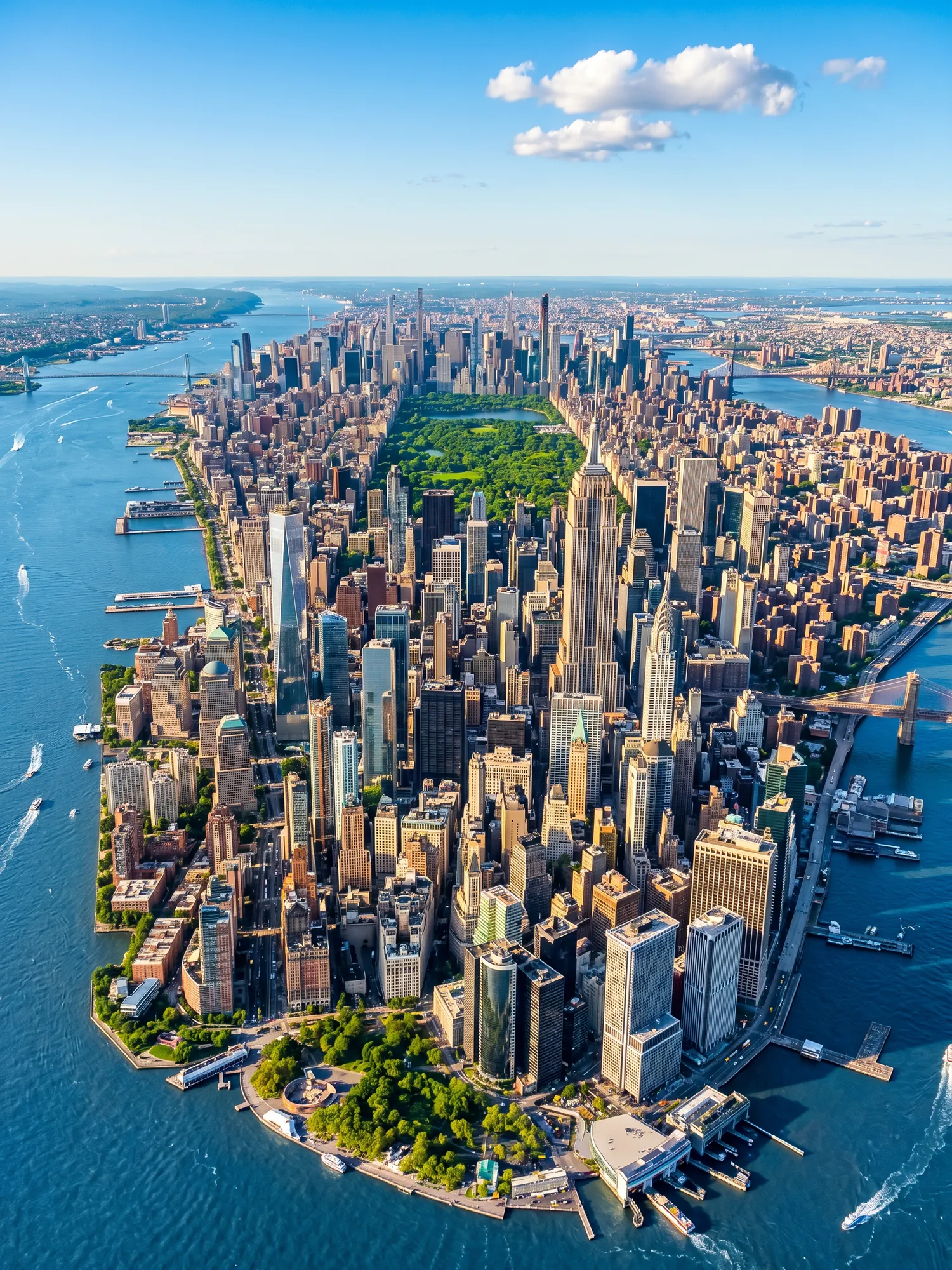 Panoramic aerial view of New York skyline at golden hour