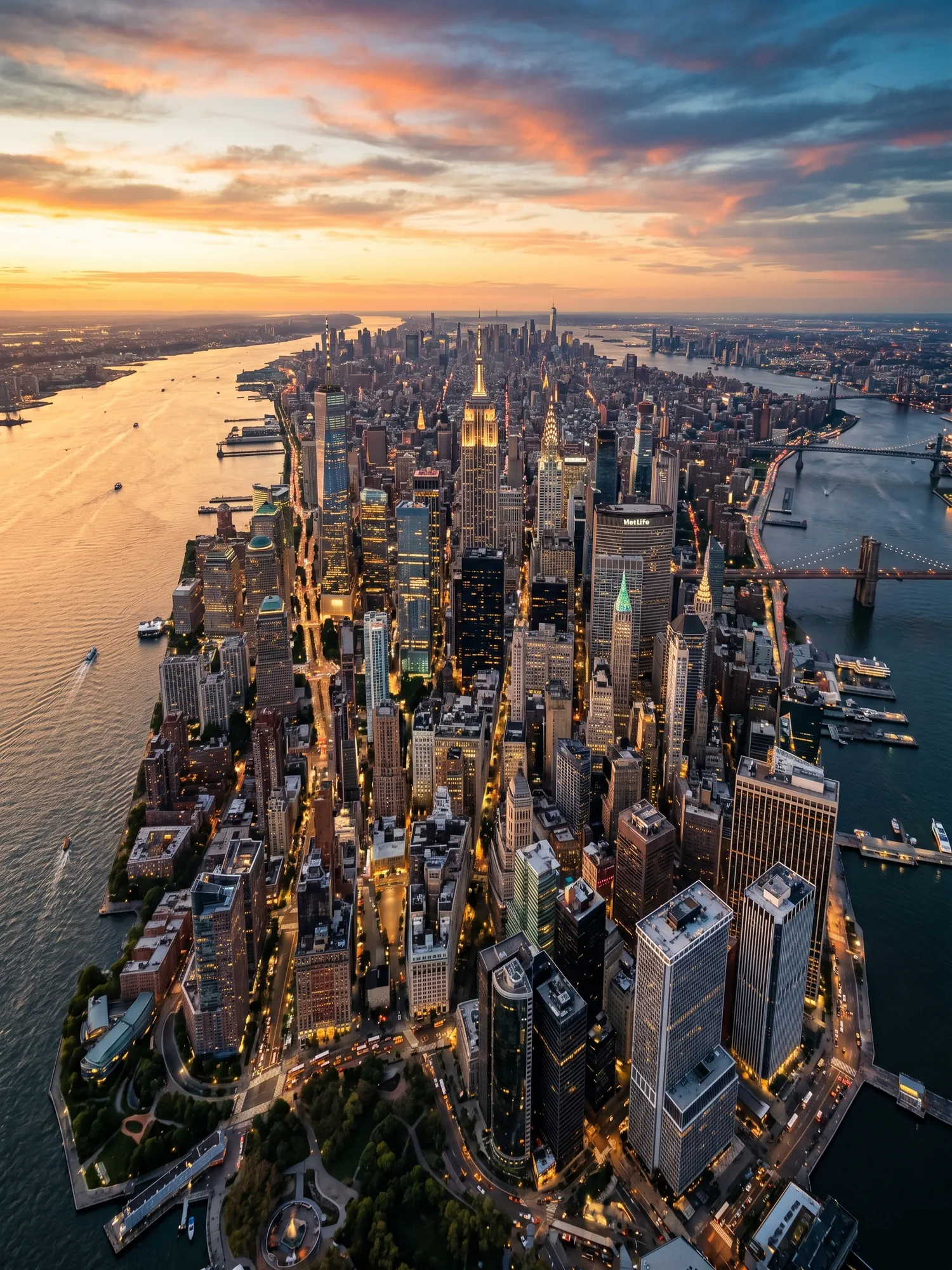 Panoramic aerial view of New York skyline at golden hour