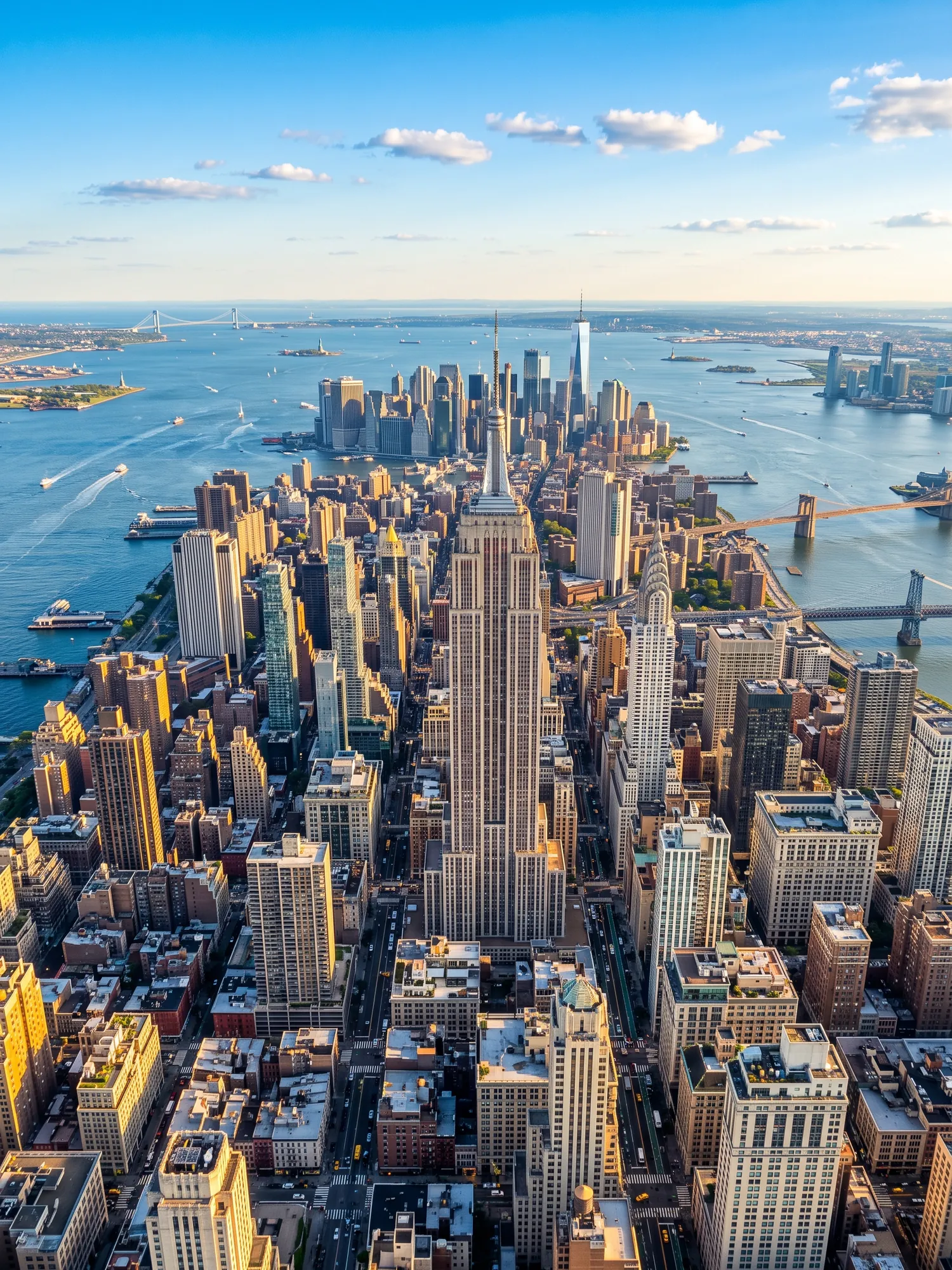 Panoramic aerial view of New York skyline in bright daylight