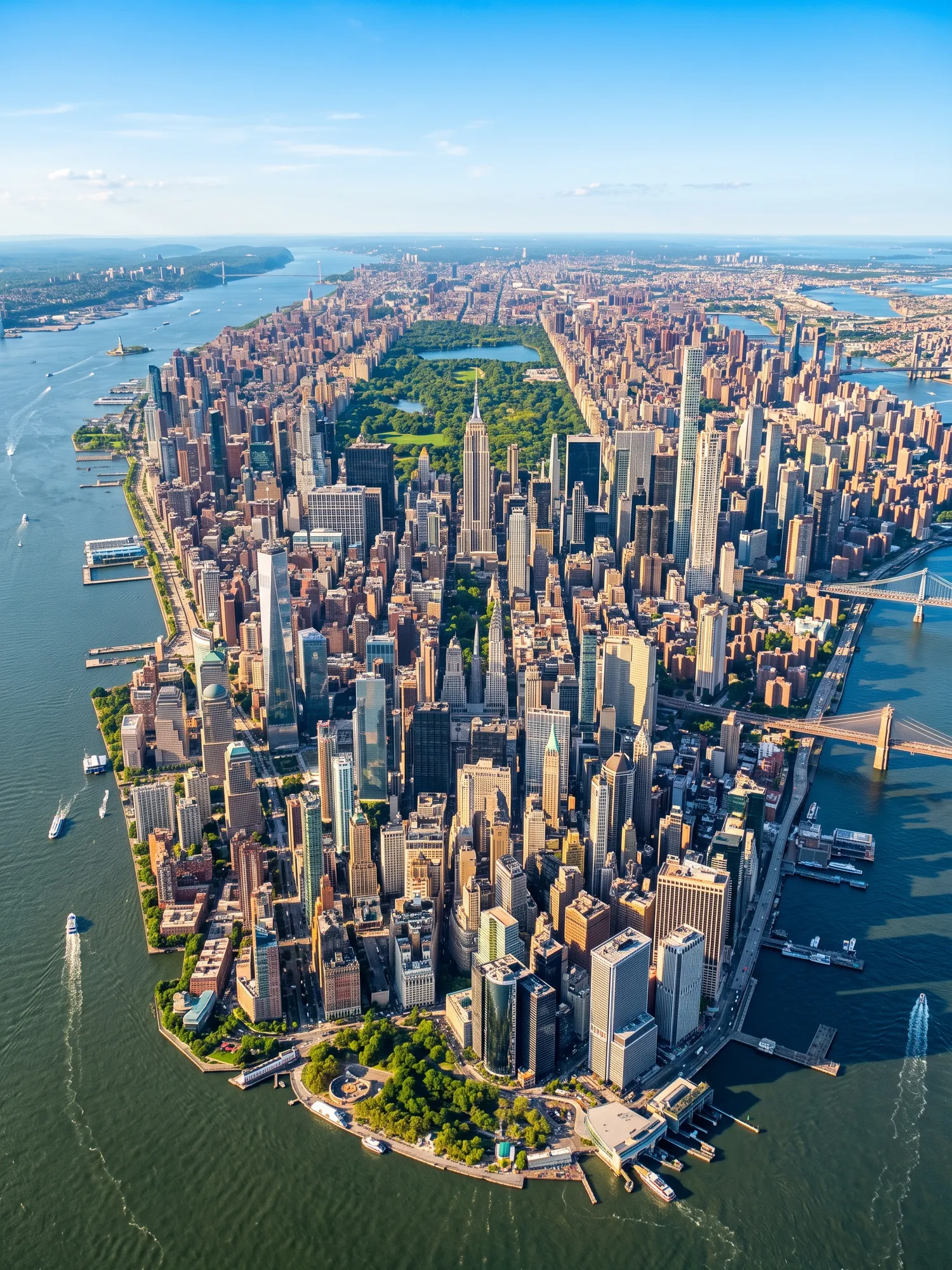 Panoramic aerial view of New York skyline in bright daylight