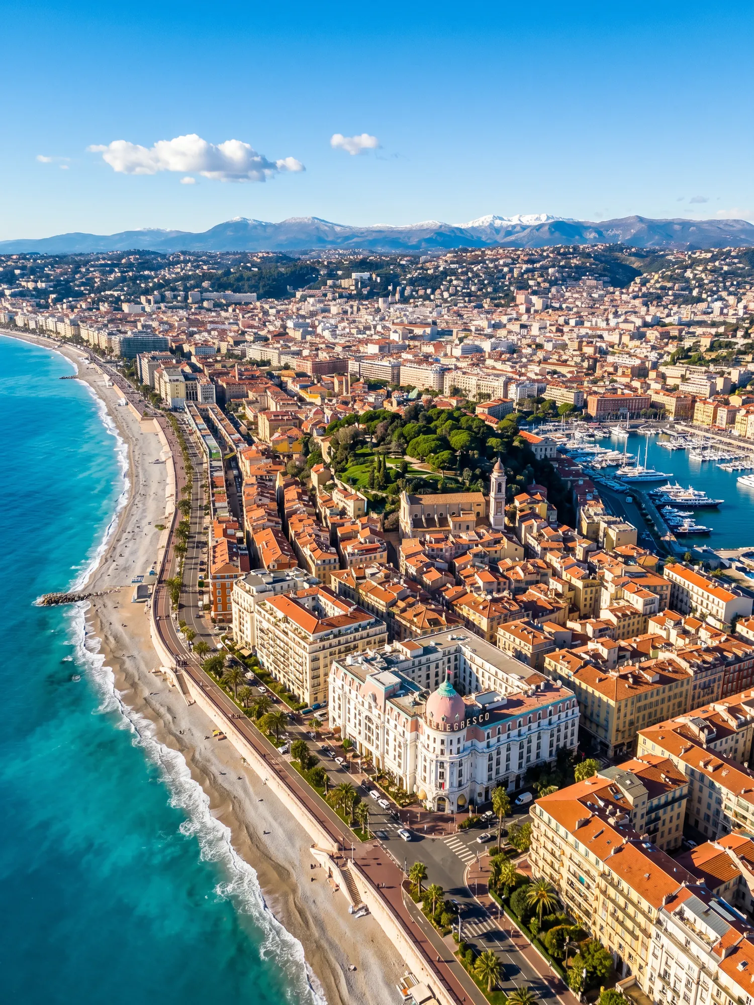 Panoramic aerial view of Nice skyline in bright daylight
