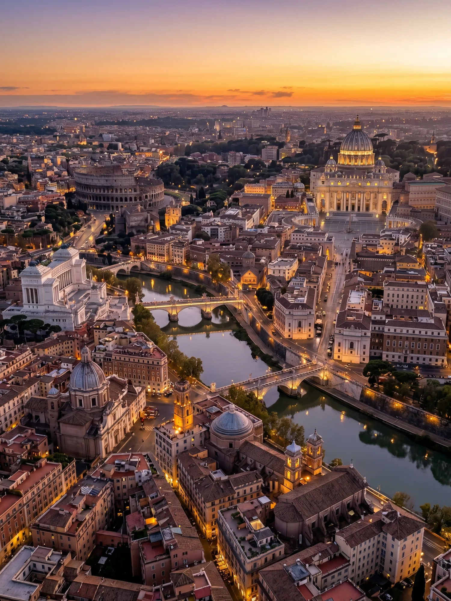 Panoramic aerial view of Rome skyline at golden hour