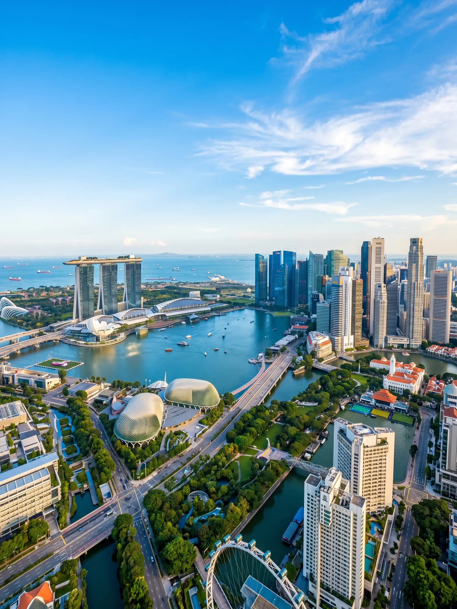 Panoramic aerial view of Singapore skyline at golden hour