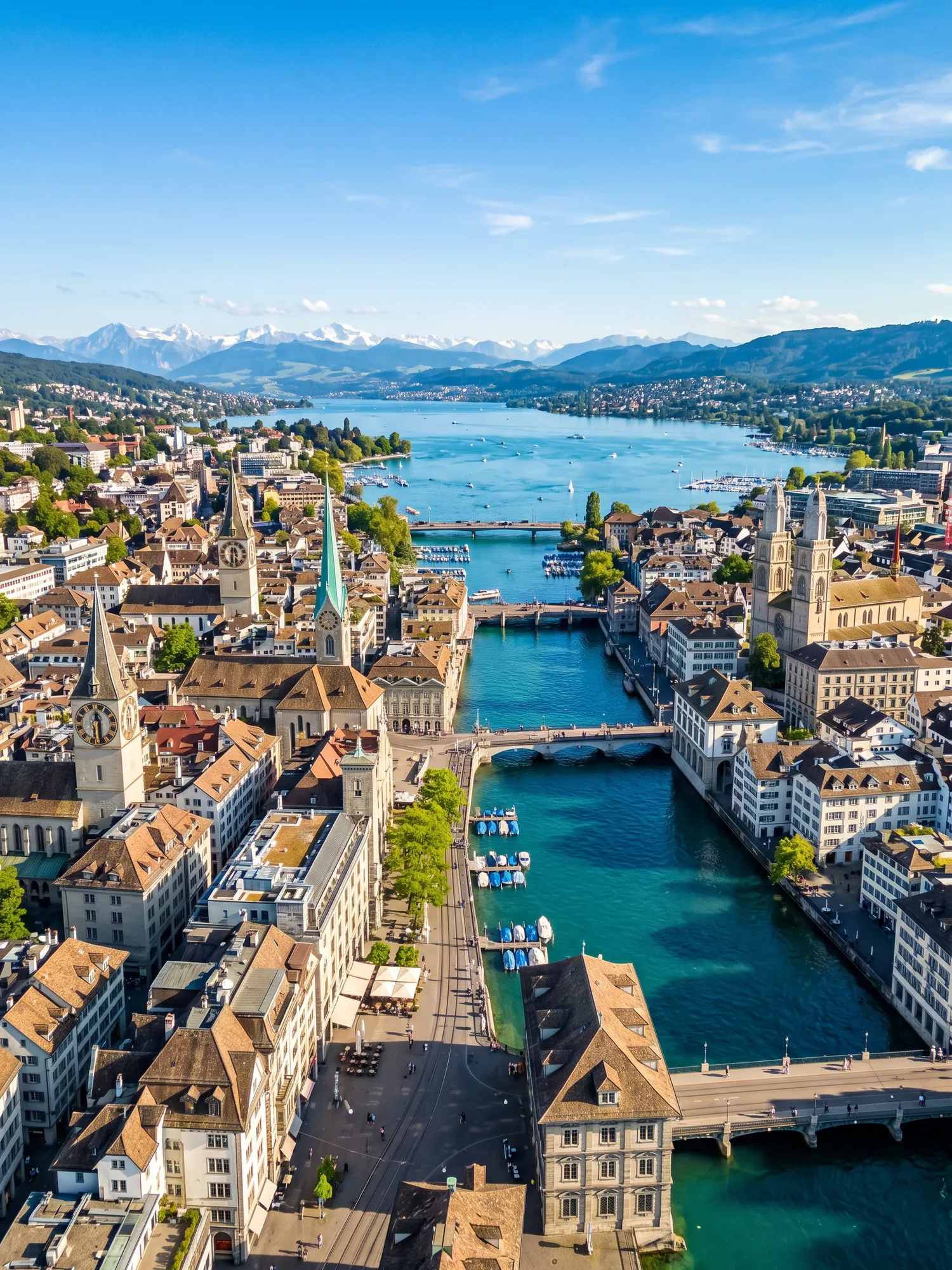 Panoramic aerial view of Zurich skyline at golden hour