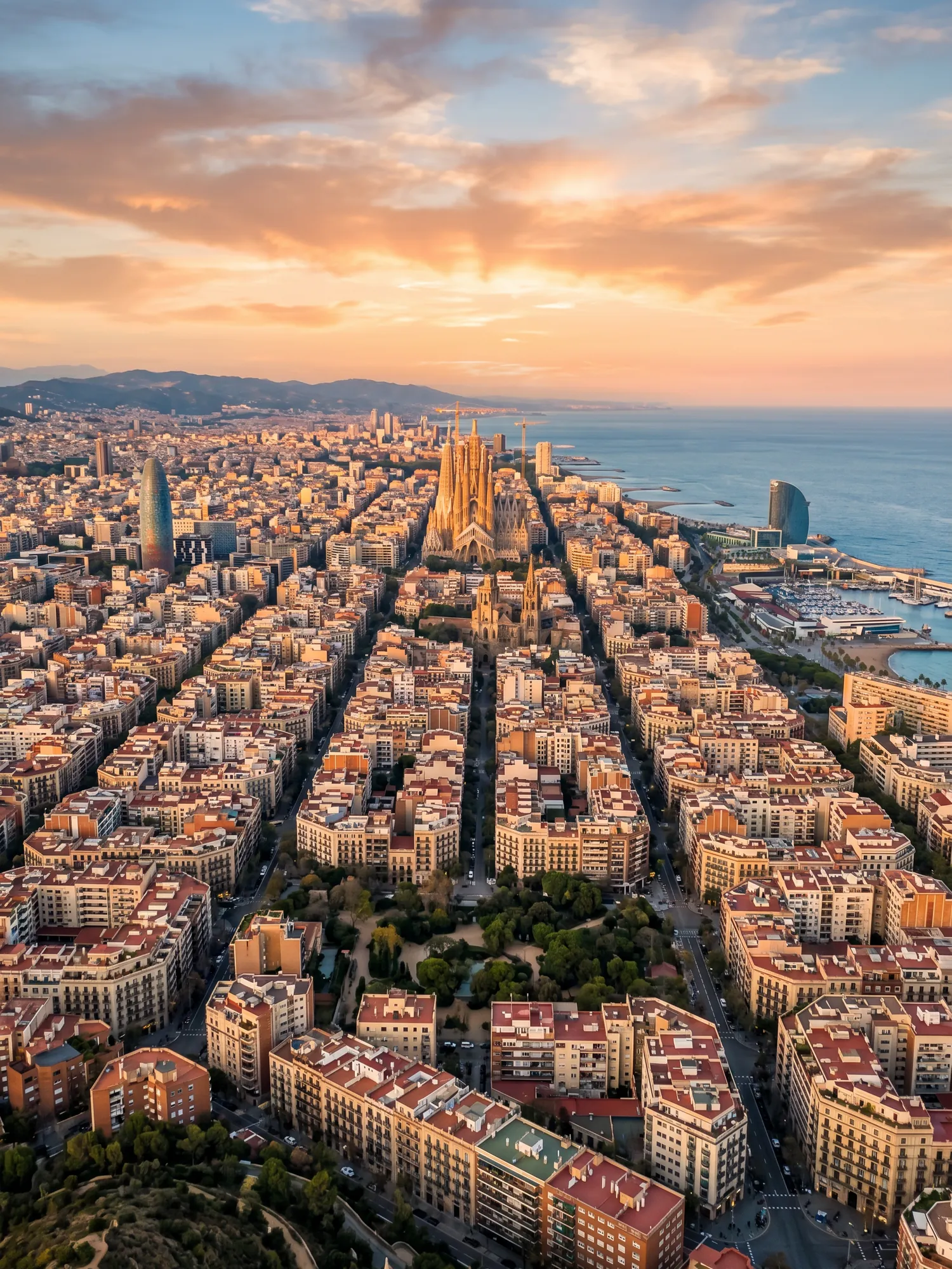 Image of Panoramic Cityscape View Of Barcelona At Sunset