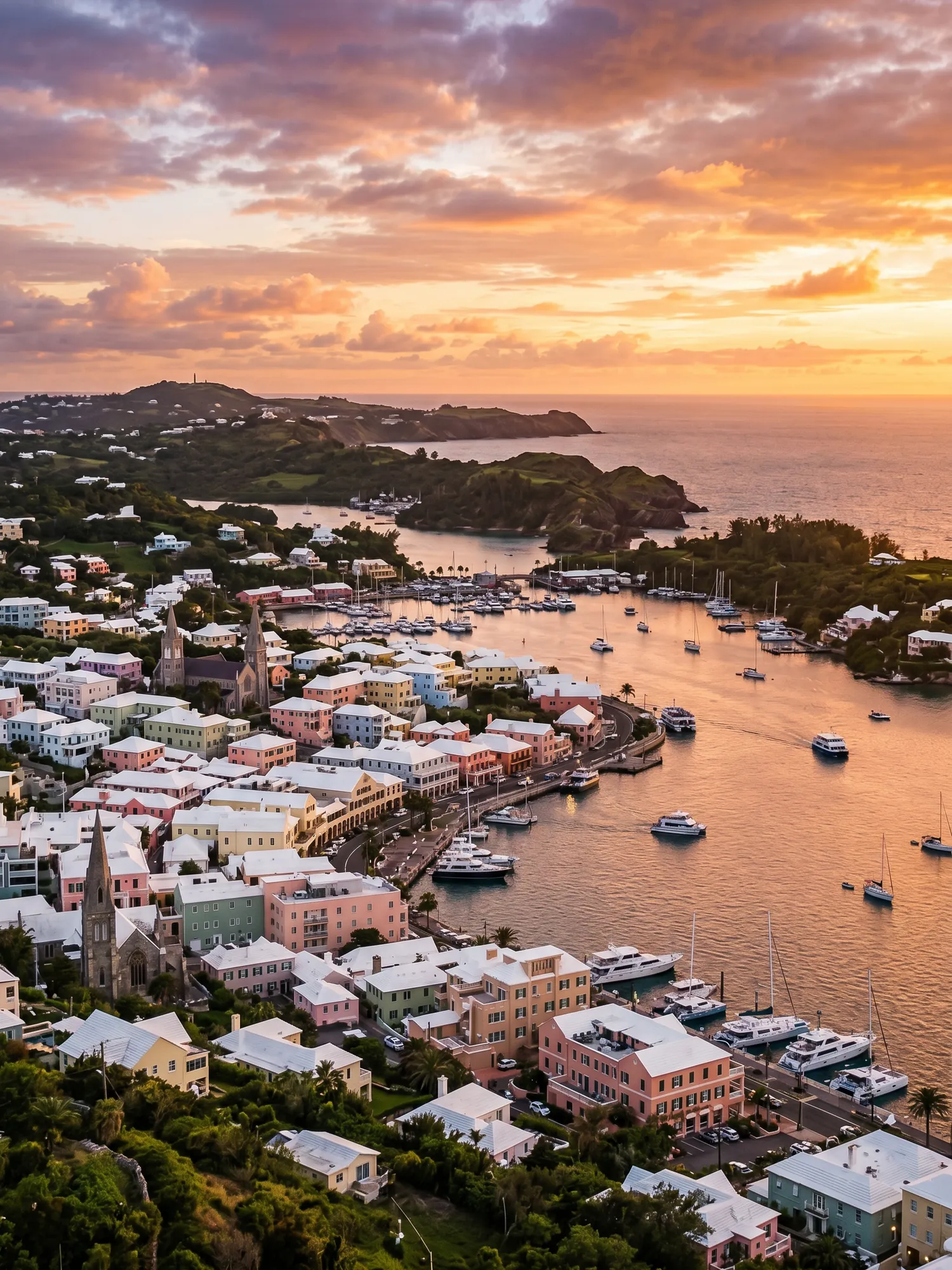 Image of Panoramic Cityscape View Of Bermuda At Sunset