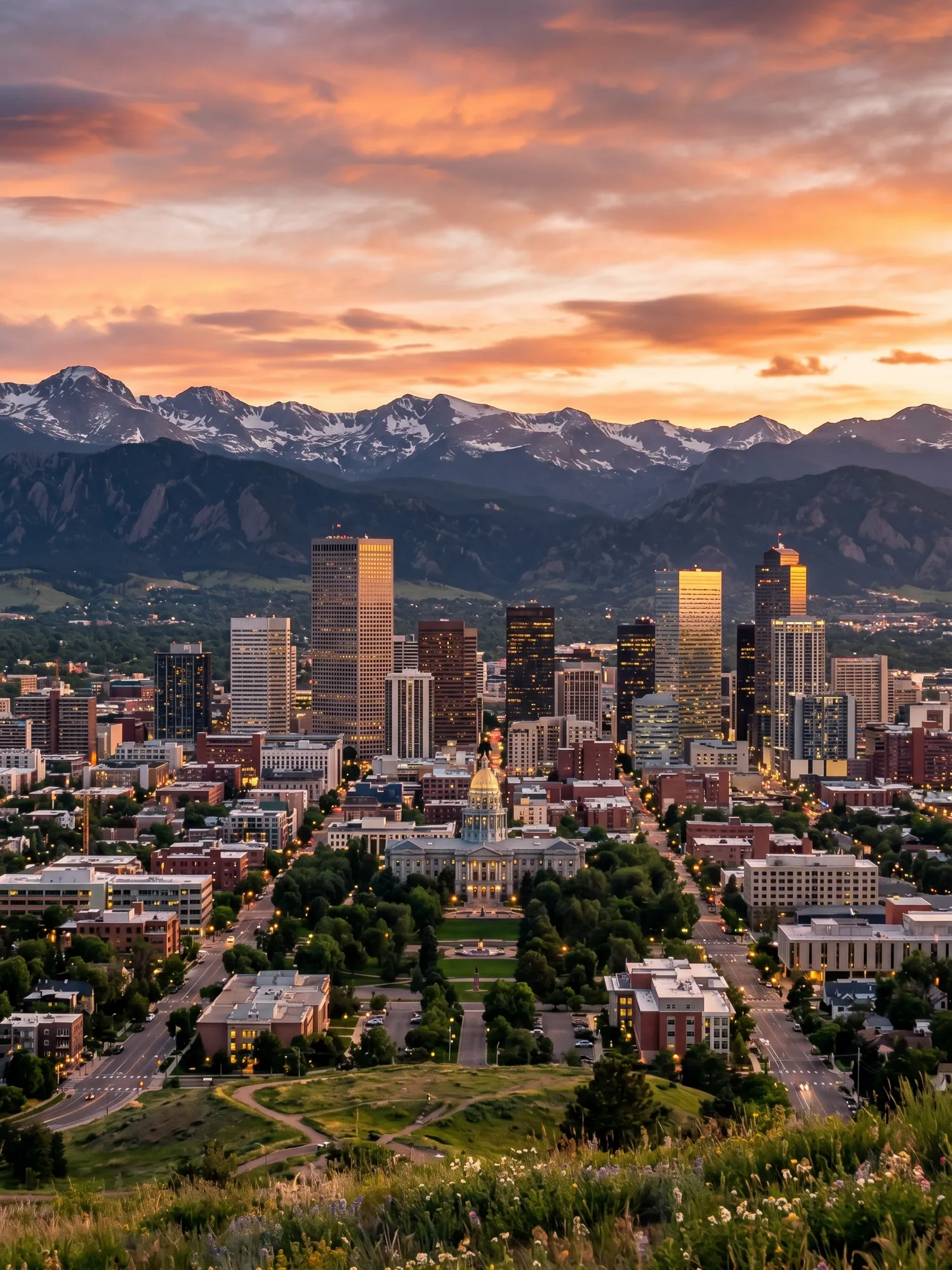 Image of Panoramic Cityscape View Of Denver At Sunset