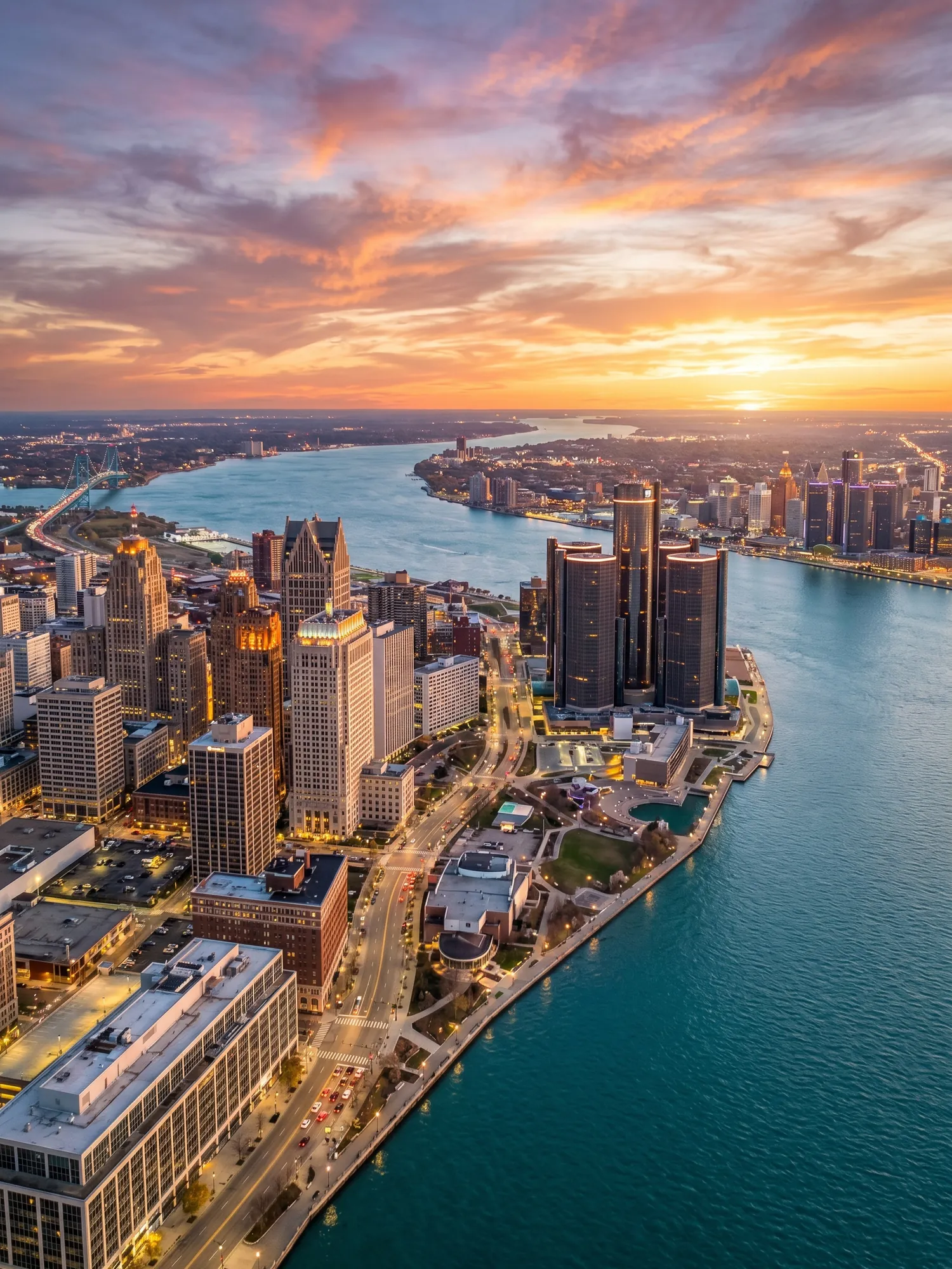 Image of Panoramic Cityscape View Of Detroit At Sunset