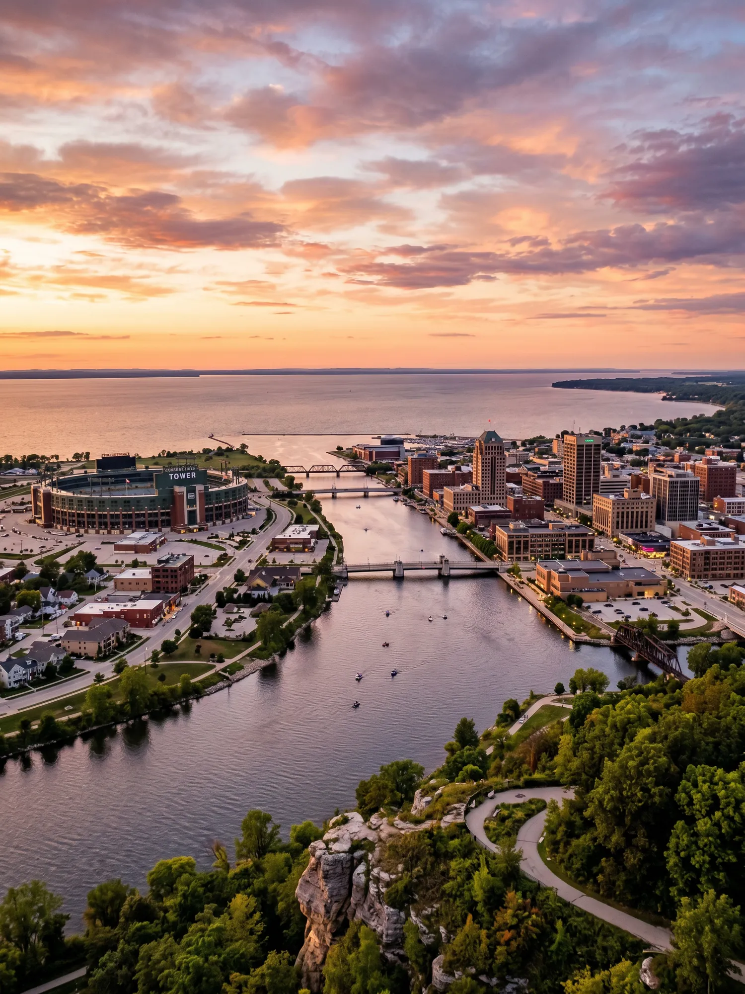 Image of Panoramic Cityscape View Of Green Bay At Sunset