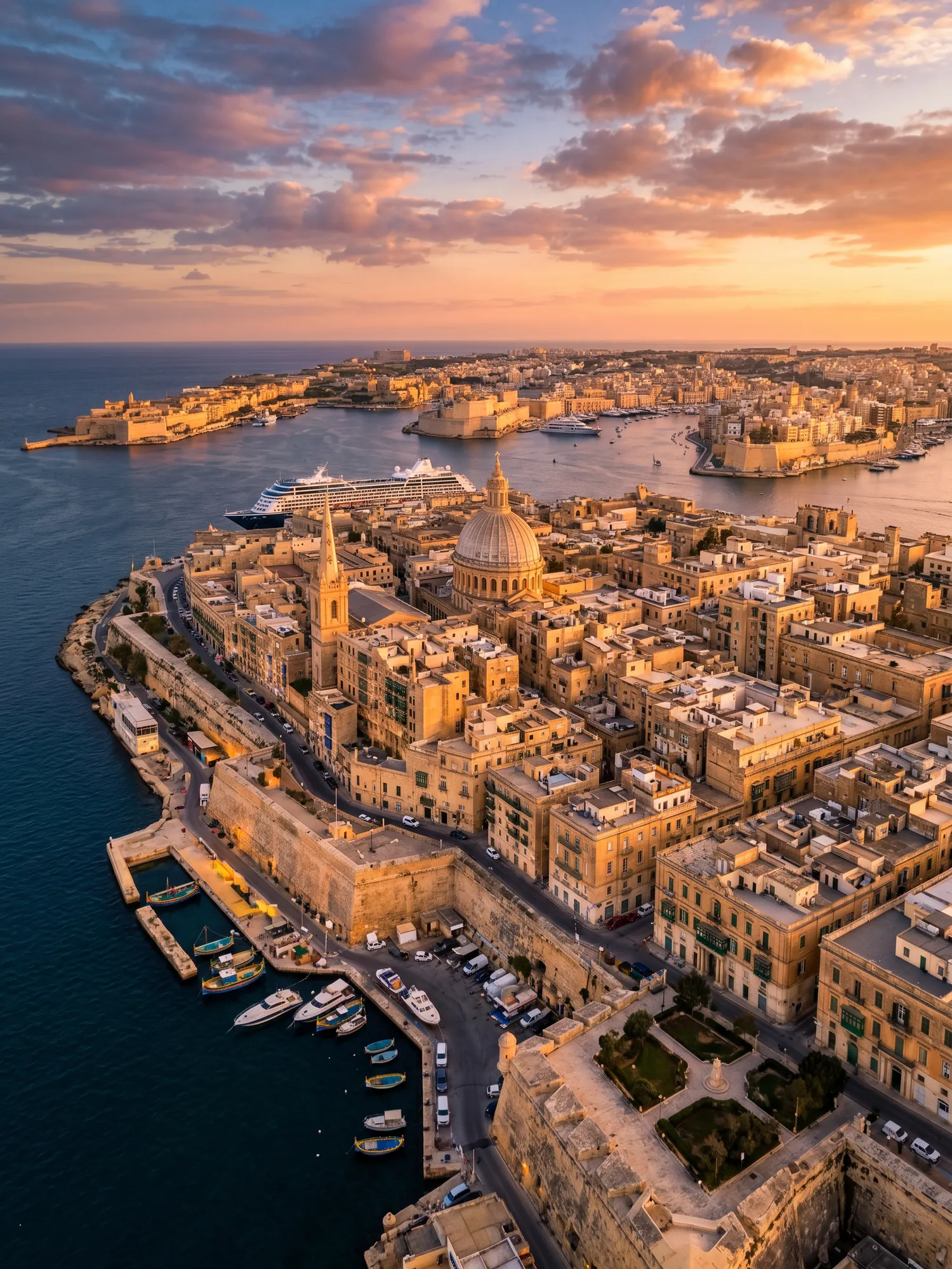 Image of Panoramic Cityscape View Of Malta At Sunset