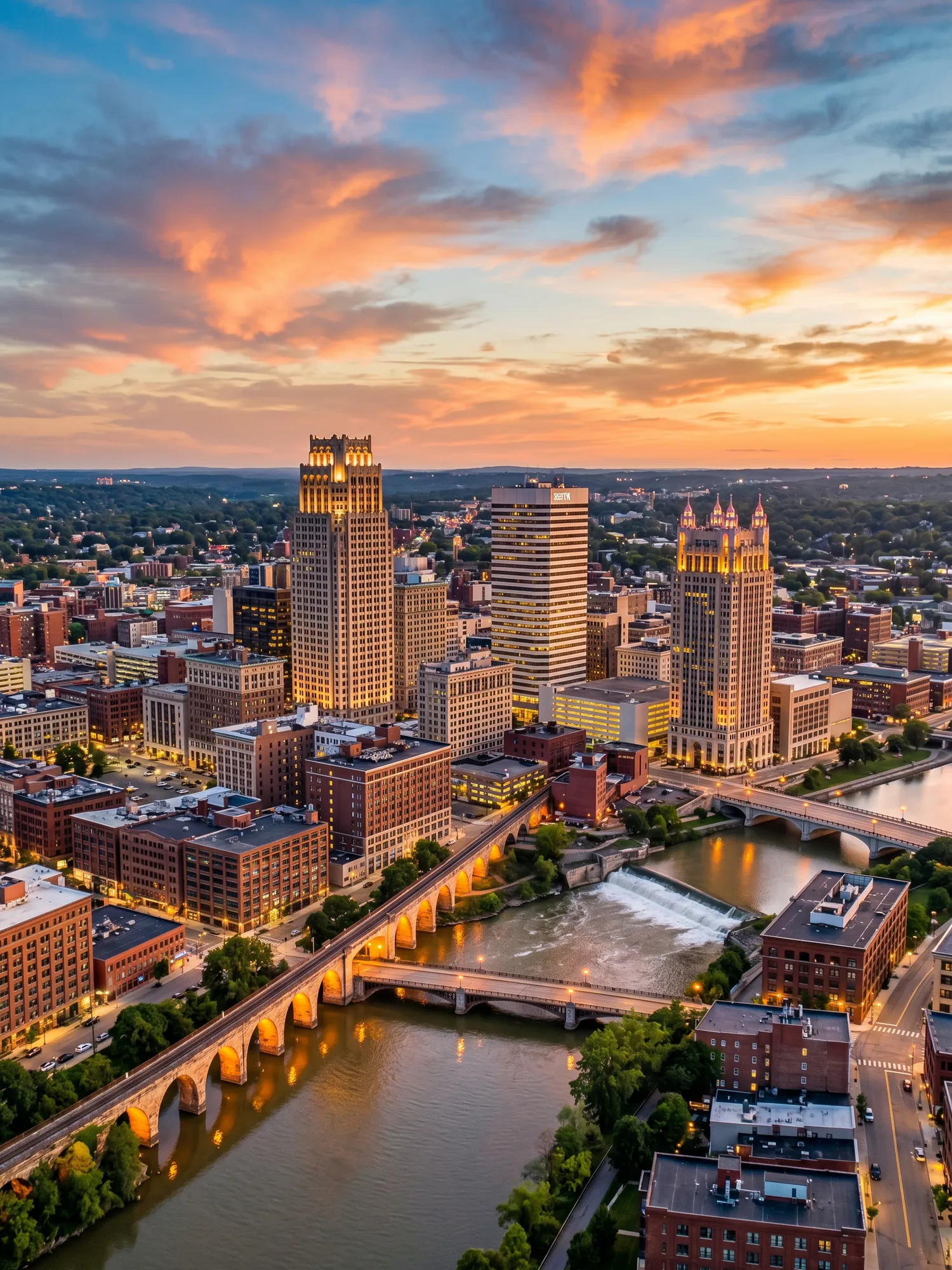 Image of Panoramic Cityscape View Of Rochester At Sunset