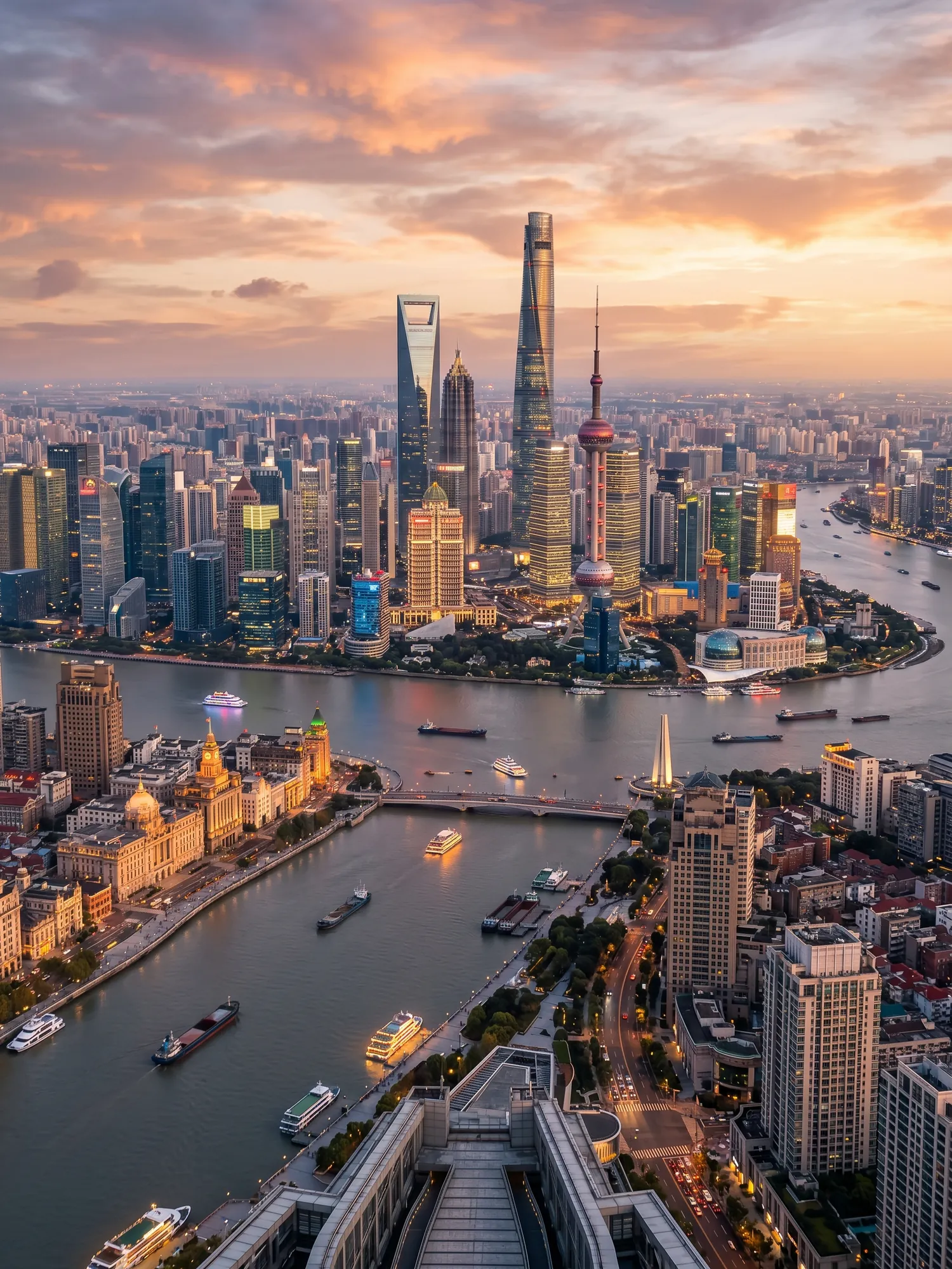 Image of Panoramic Cityscape View Of Shanghai At Sunset