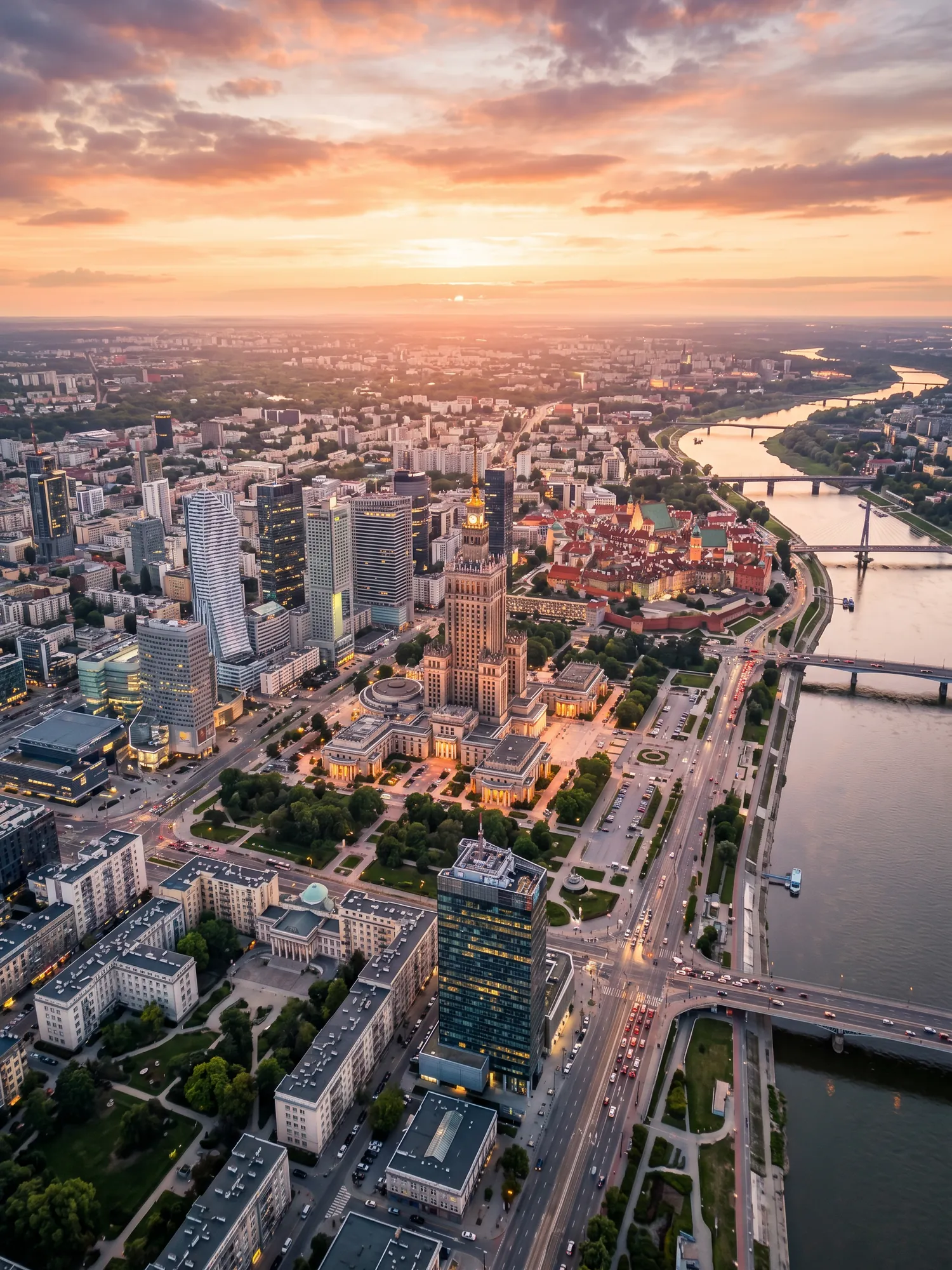 Image of Panoramic Cityscape View Of Warsaw At Sunset
