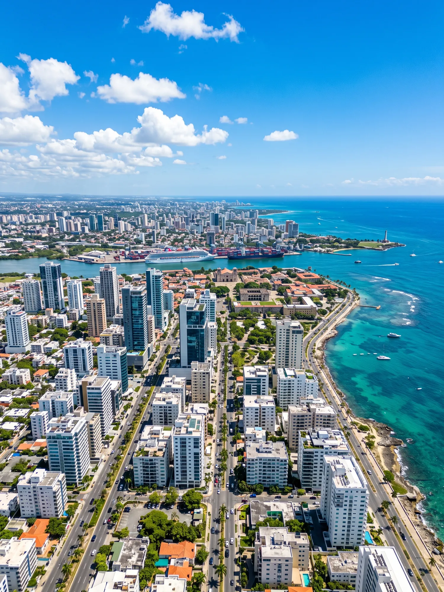 Panoramic aerial view of Dominican Republic skyline in bright daylight