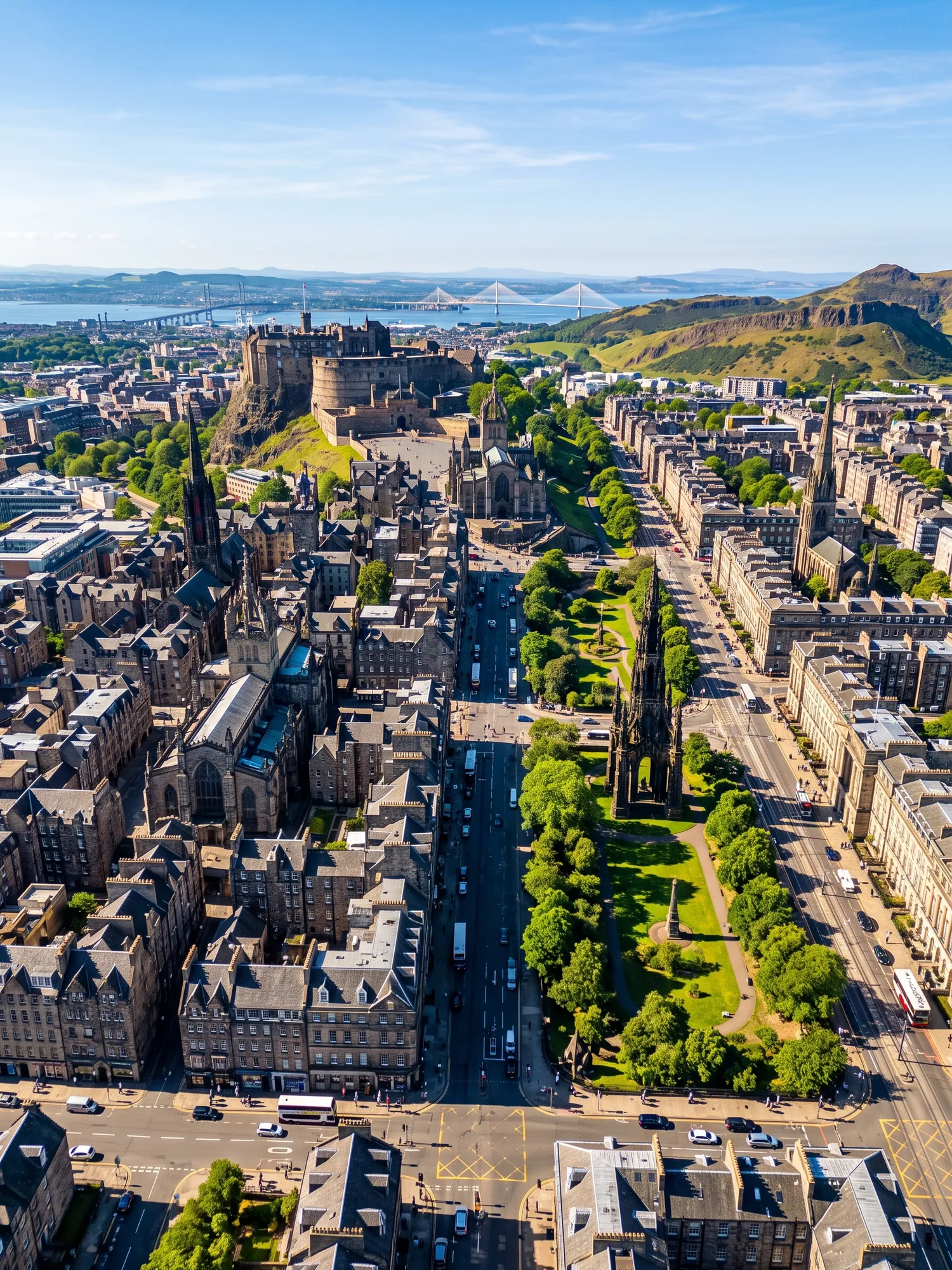 Panoramic aerial view of Edinburgh skyline in bright daylight