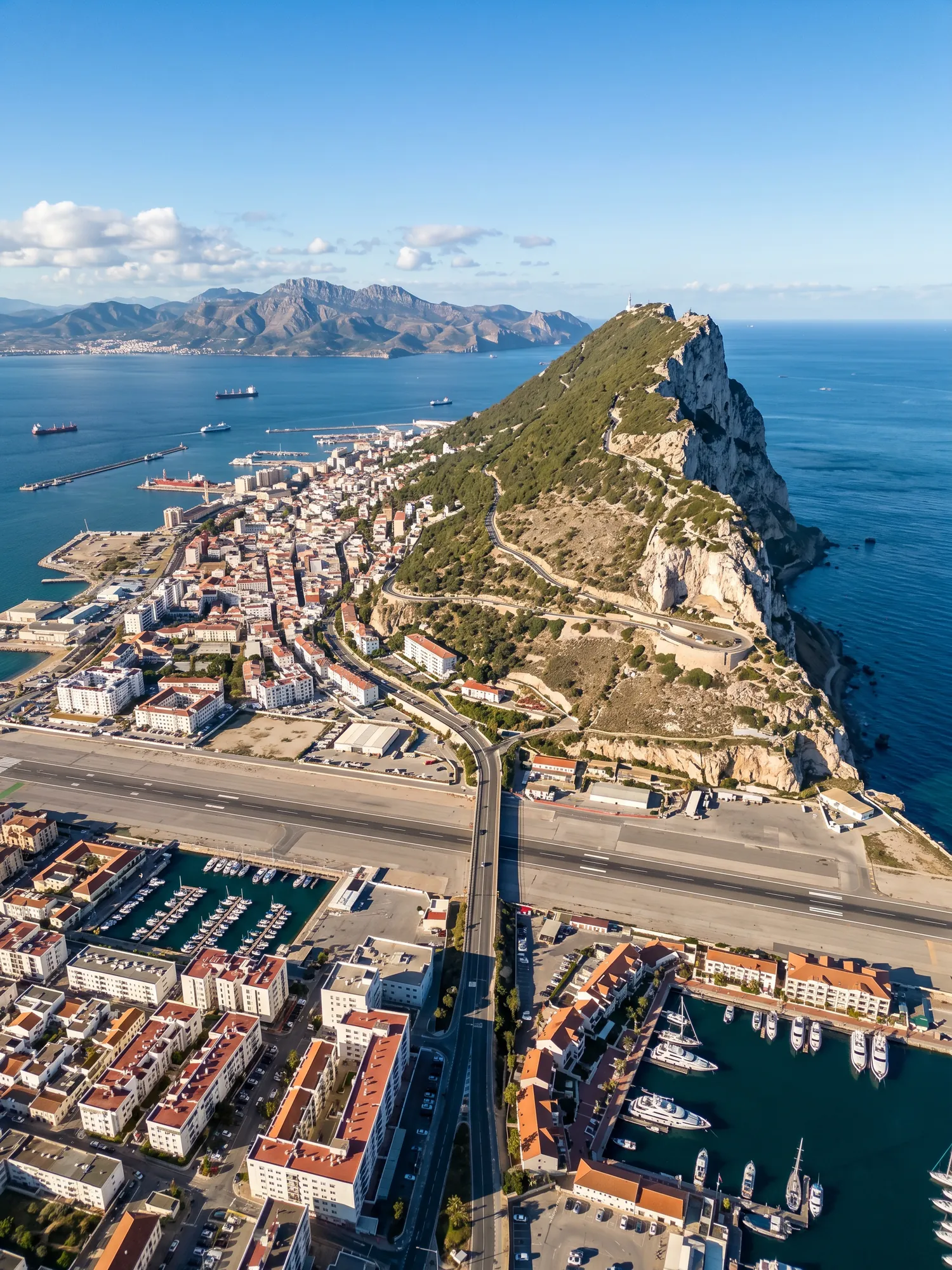 Panoramic aerial view of Gibraltar skyline in bright daylight