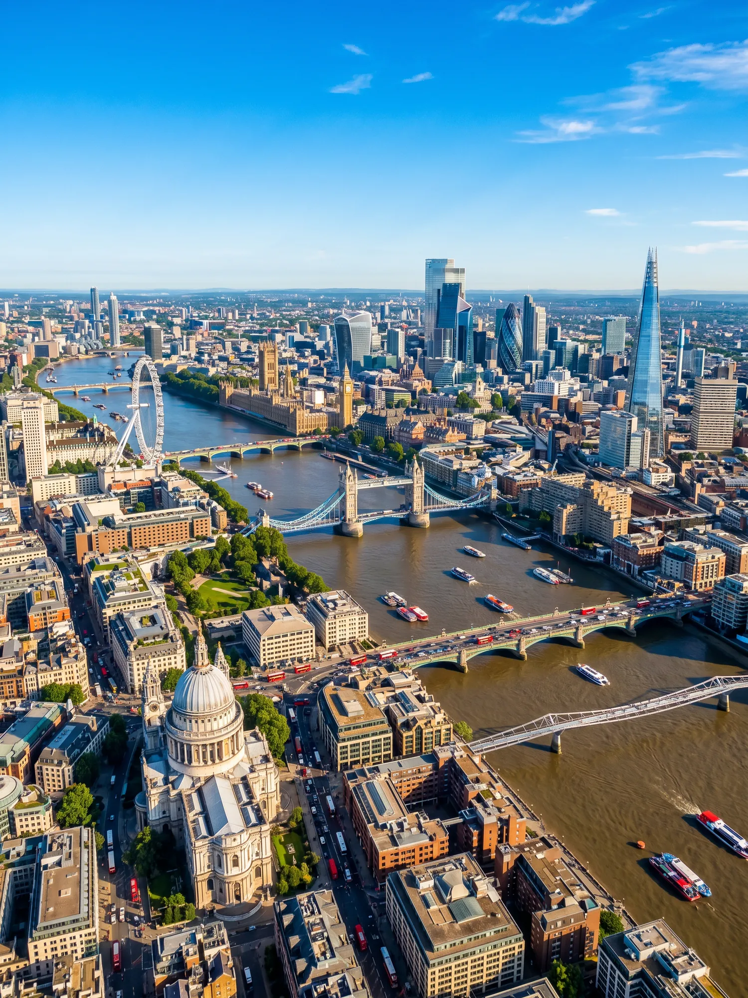 Panoramic aerial view of London skyline in bright daylight