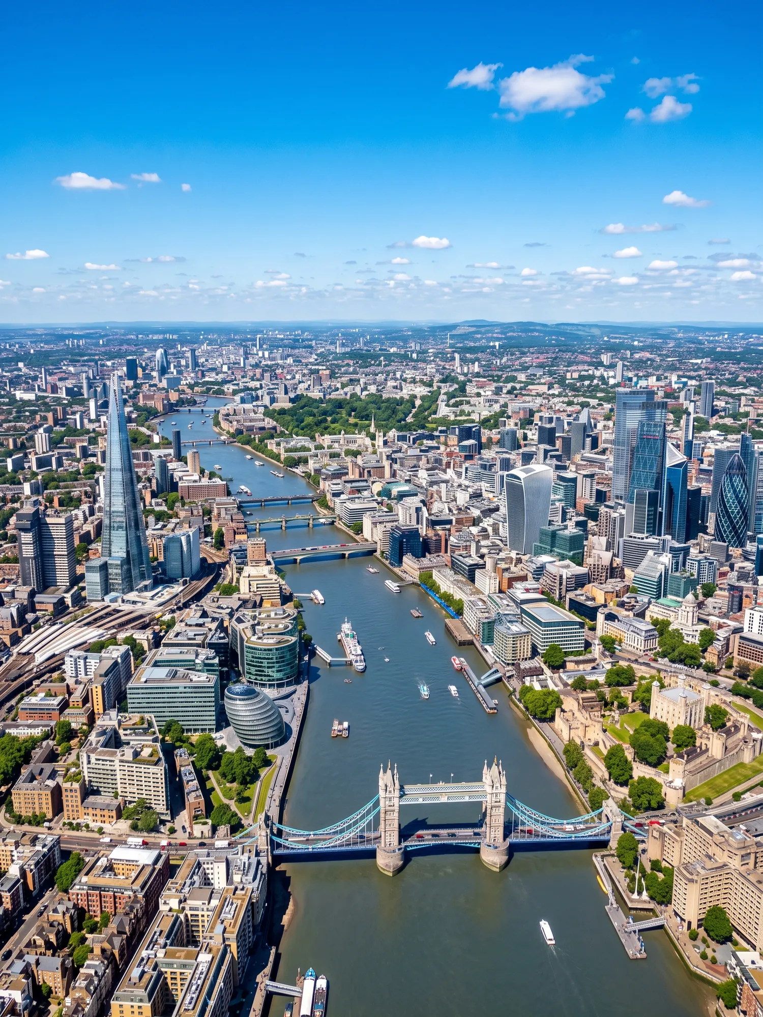 Panoramic aerial view of London skyline in bright daylight