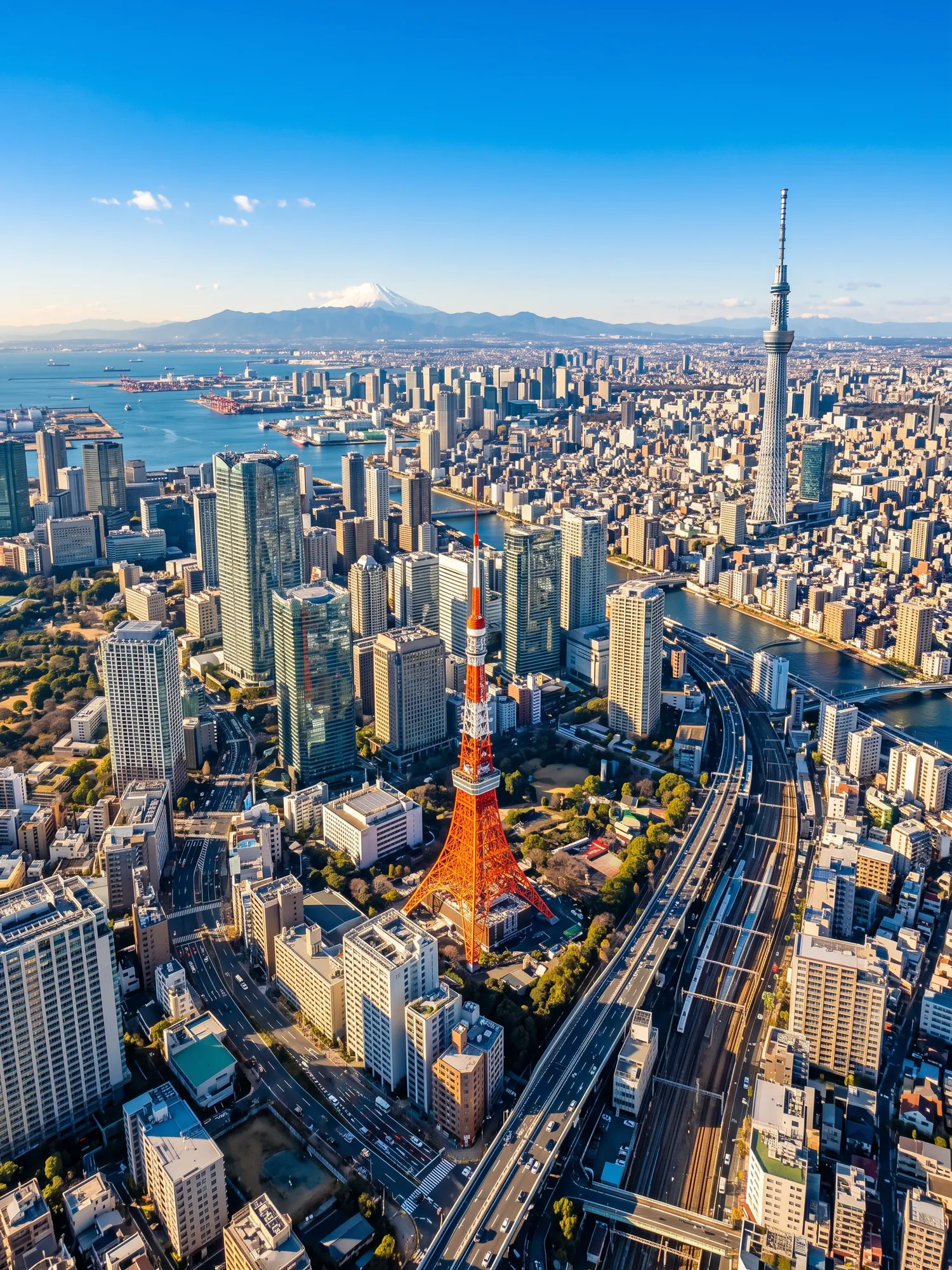 Panoramic aerial view of Tokyo skyline in bright daylight