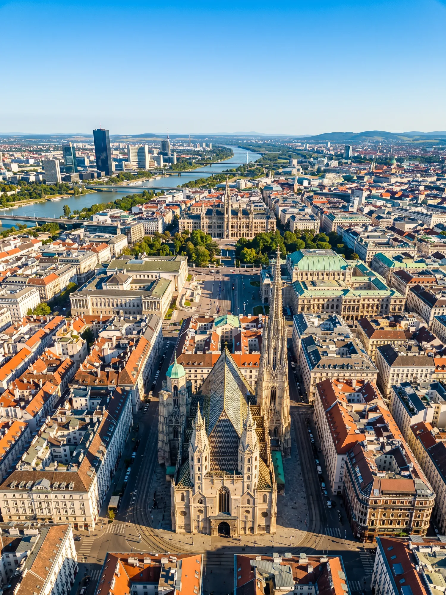 Panoramic aerial view of Vienna skyline in bright daylight